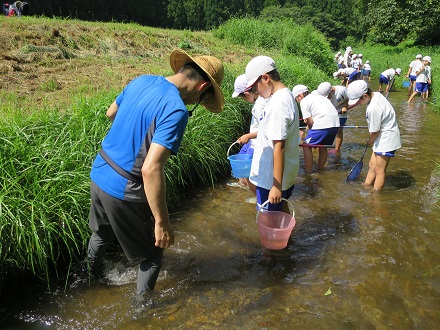 小川での活動中、児童の目の前で小川の生き物の捕まえ方を実演する講師と、講師から捕まえ方を教わっている児童の様子