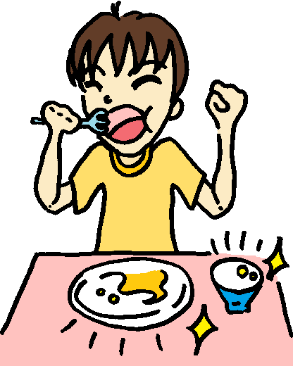 テーブルの上の食べ残しがないお皿とお茶碗と食事をしている男の子のイラスト