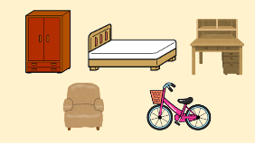 タンス、ベッド、机、椅子、自転車のイラスト