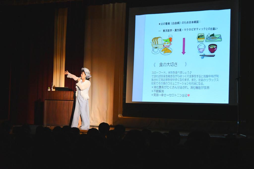食べ物のイラストや説明文などの写ったスクリーンの前で手を横に広げてマイクを持って話をしている吉岡さんの写真