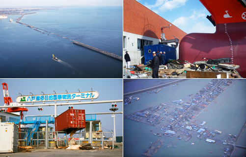 八戸港国際物流ターミナル・海上からの写真などの被害状況を撮影した4枚1組の写真