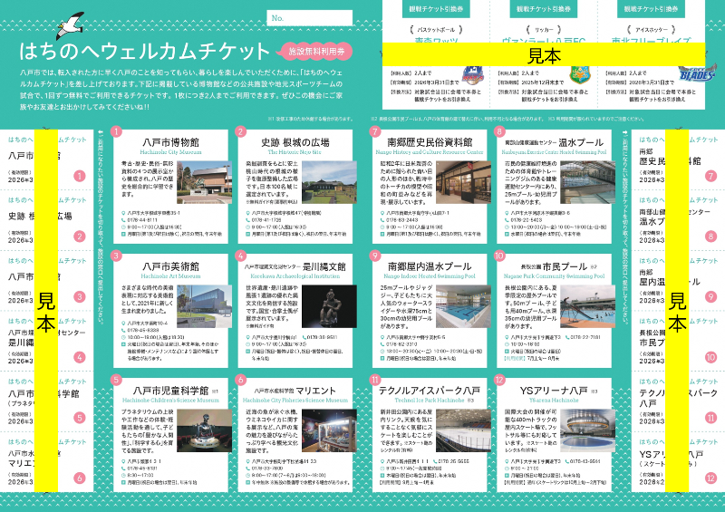 博物館や美術館・スポーツ施設などで使用できるはちのへウェルカムチケットの画像