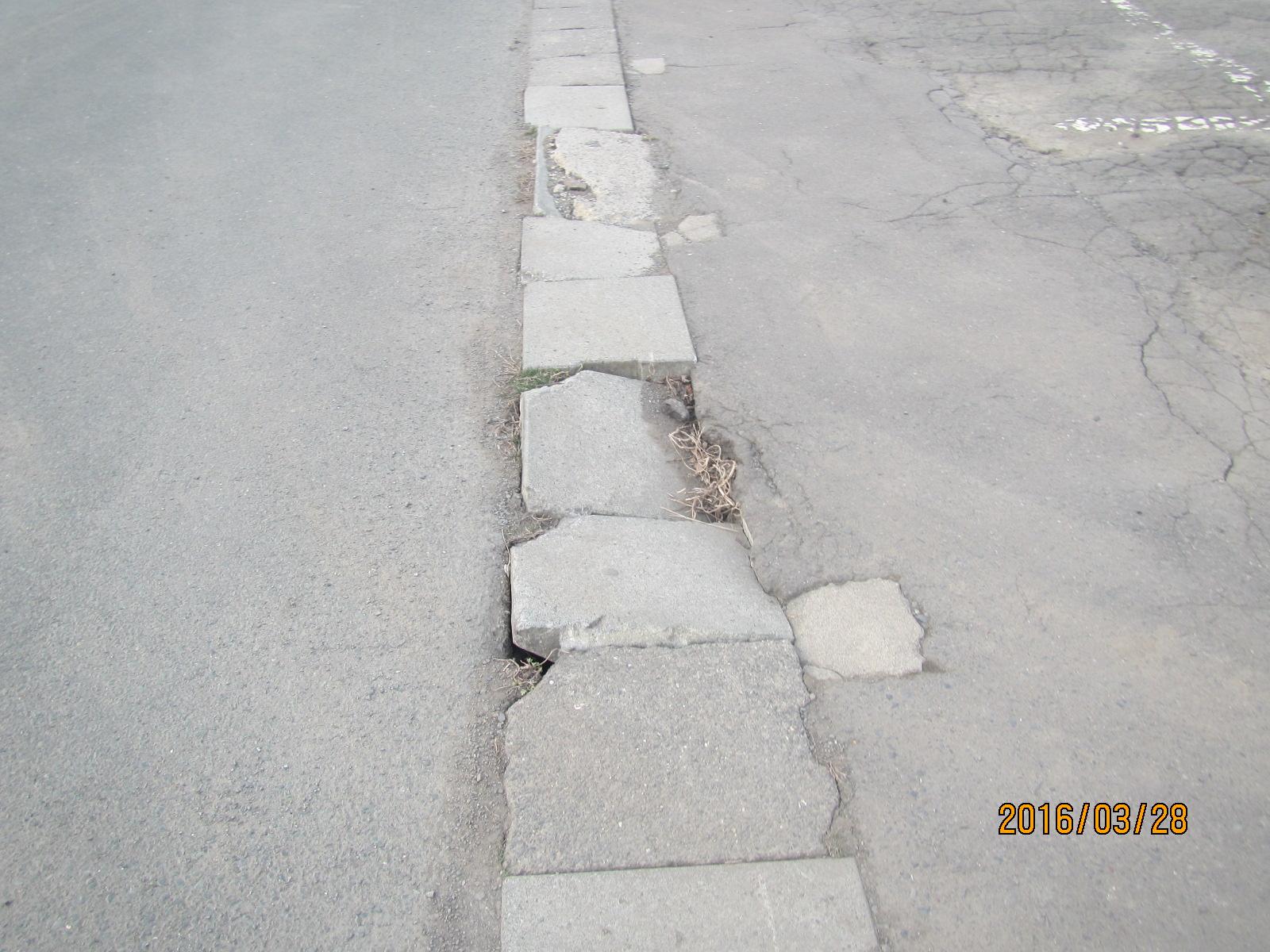 コンクリートが割れてあいた穴や、道路との段差のできている側溝の写真