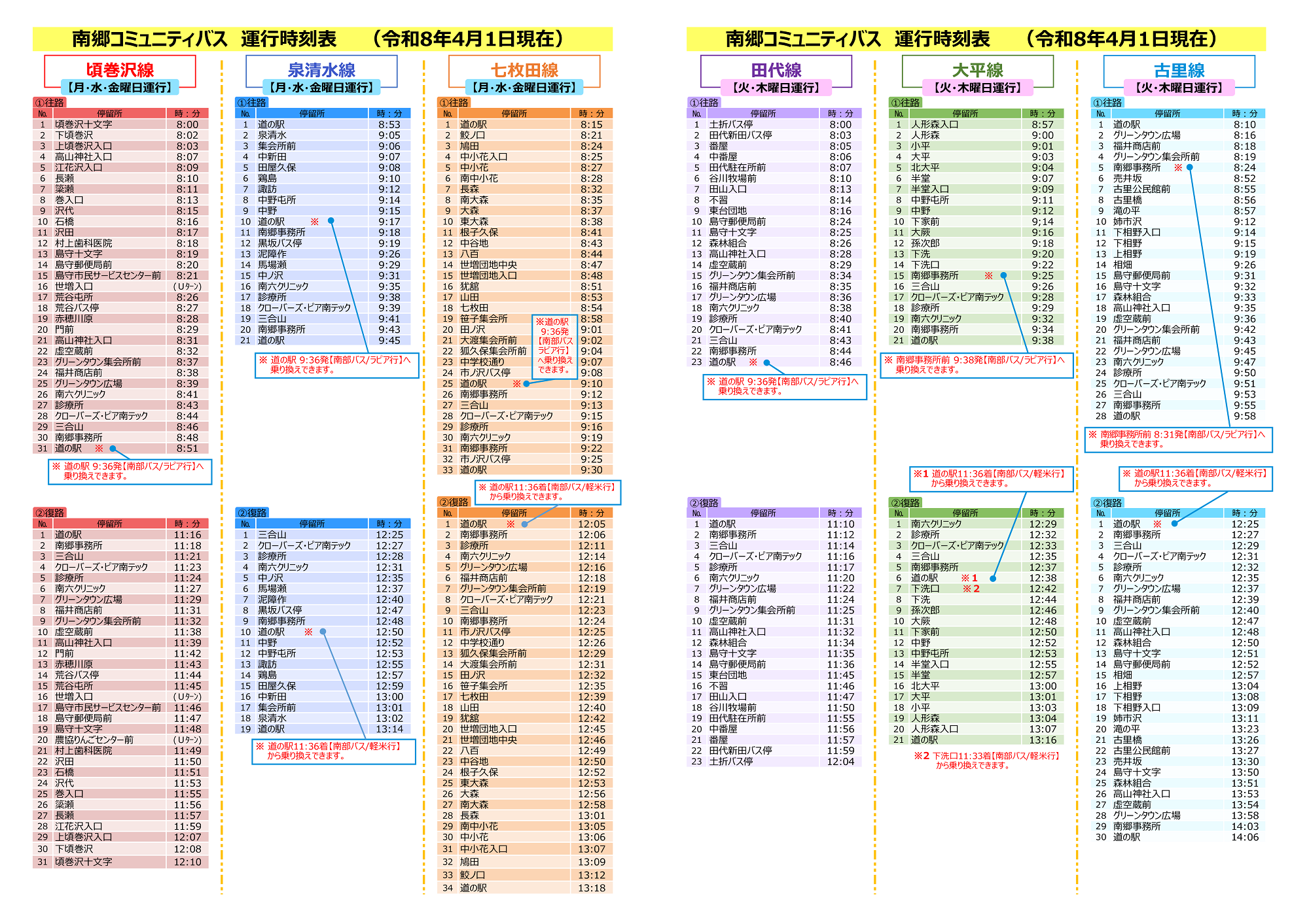 令和8年度の南郷コミュニティバス時刻表
