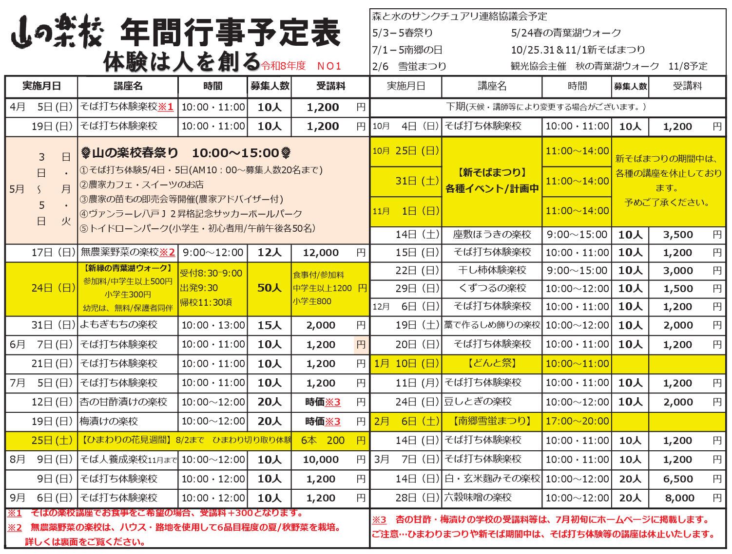 山の楽校年間行事予定表1ページ目
