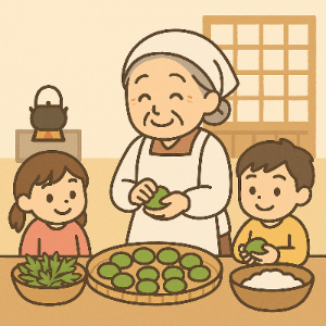 山の楽校よもぎもちづくり体験の様子