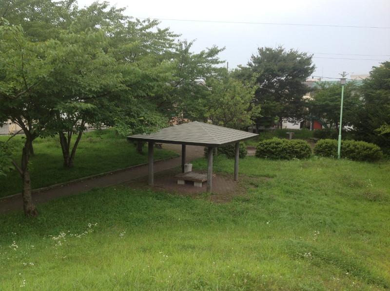 草が多いしげる中シェルターが設置された小中野二丁目公園 全体の写真