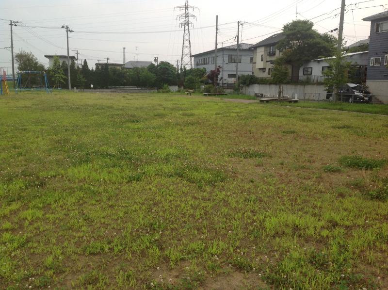 芝生の広がる長根四丁目公園全体の写真