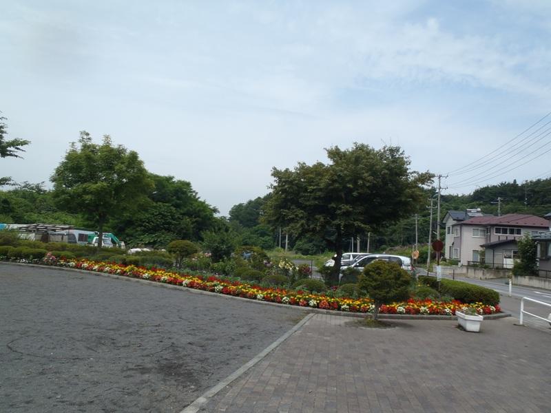 平庭公園の入り口から広場まで続く赤、黄色、白の花や木々が植えられた花壇の写真