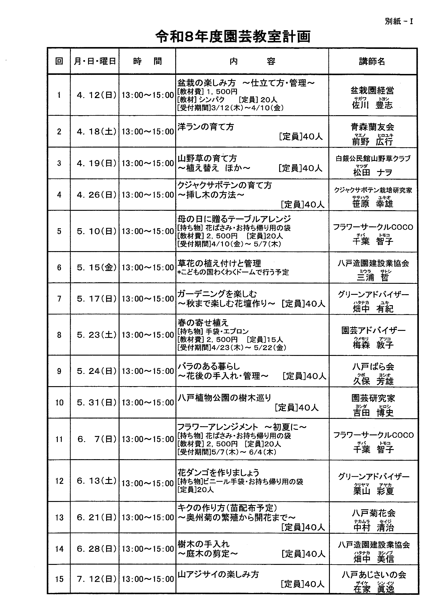 令和8年度 八戸公園緑の相談所 園芸教室 年間予定表01