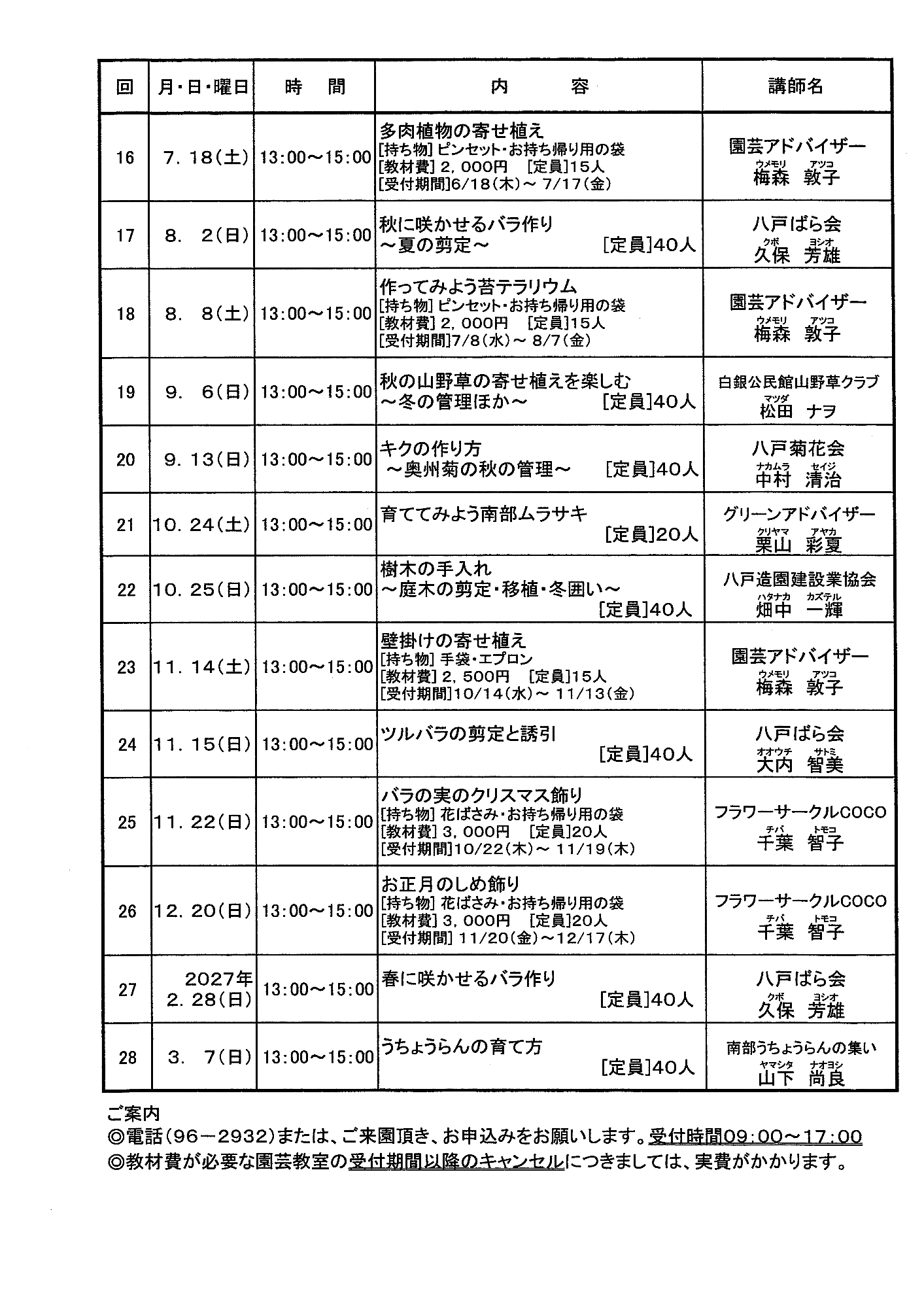 令和8年度 八戸公園緑の相談所 園芸教室 年間予定表02