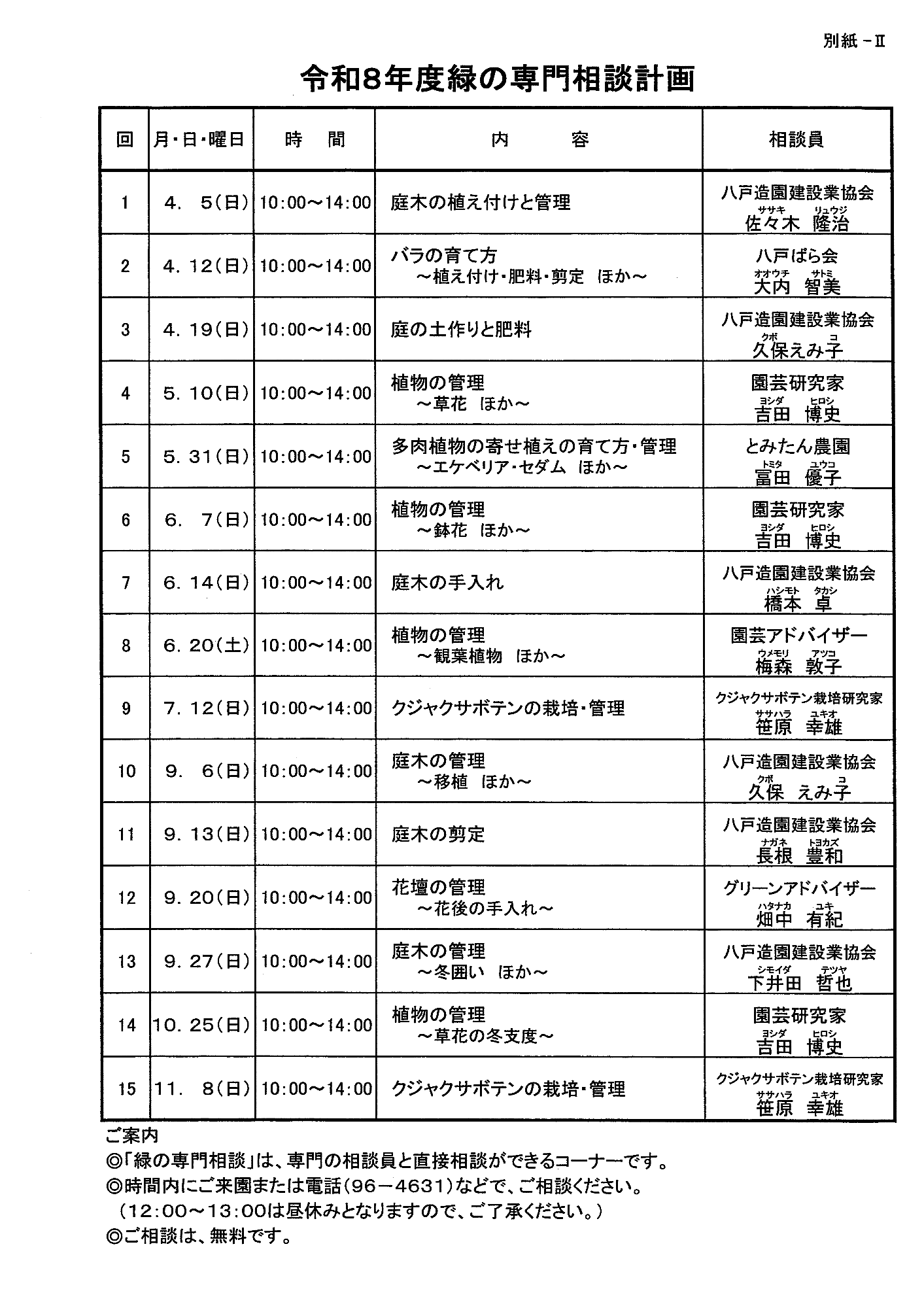 令和8年度 八戸公園緑の相談所 緑の専門相談 年間予定表