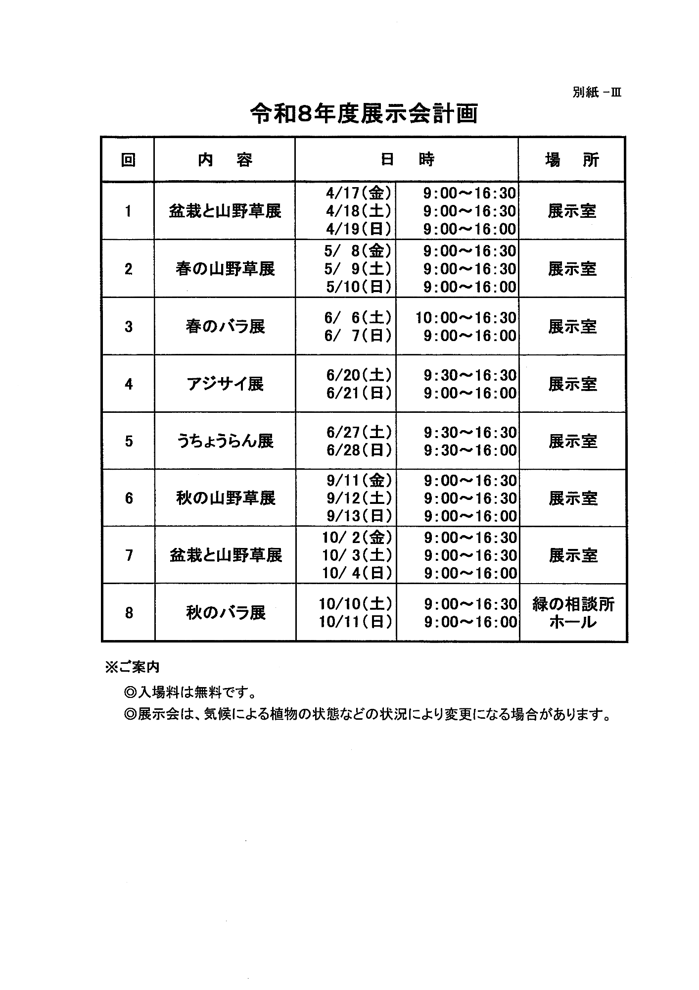 令和8年度 八戸公園緑の相談所 展示会 年間実施計画