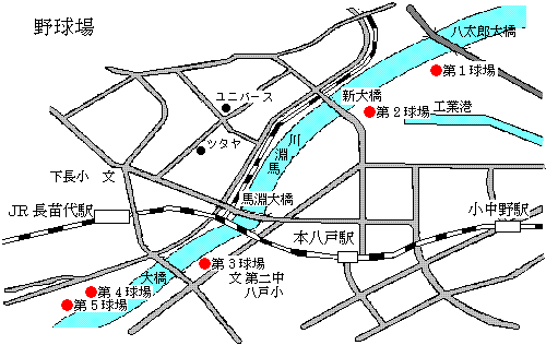 馬淵川の河川敷に分布する5つの野球場の場所を記したイラストによる地図画像。八太郎大橋から大橋にかけて、馬淵川の両端の河川敷に5つの野球場があることが記されている。