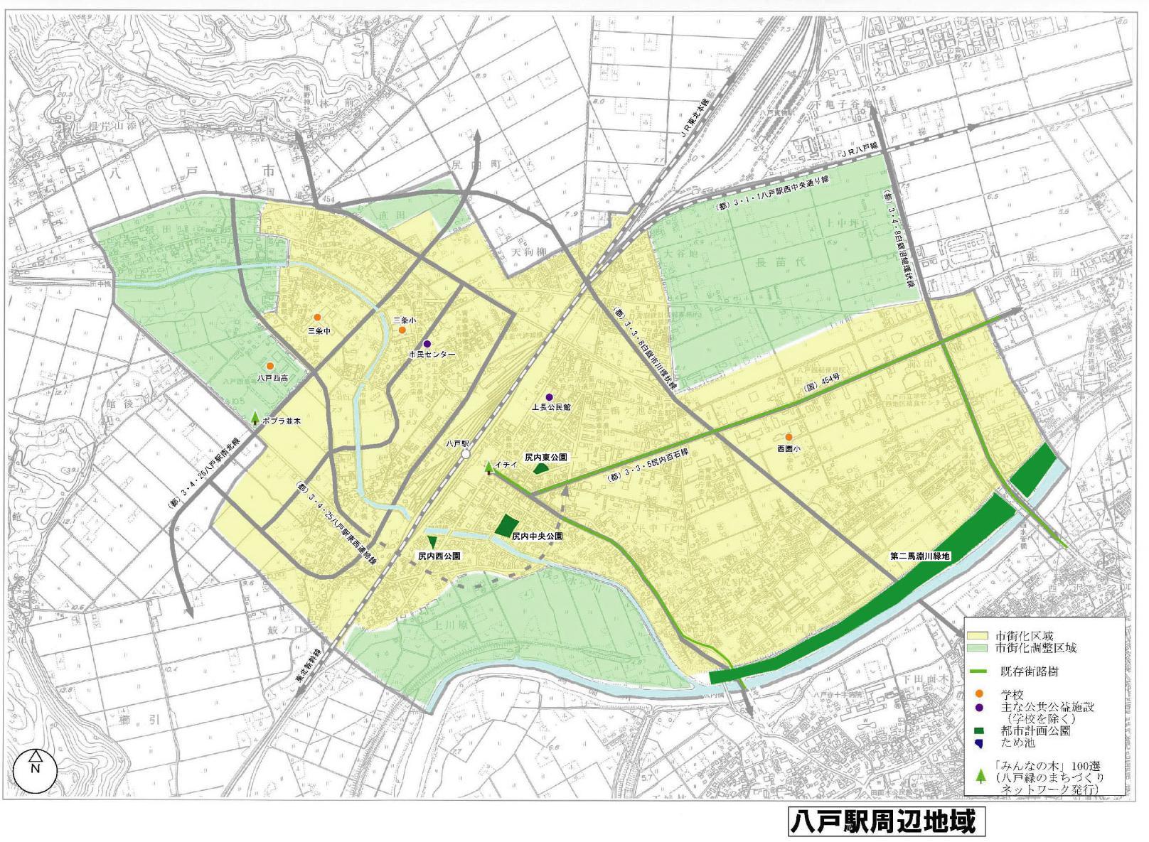八戸駅周辺地域の公園配置図と公園一覧の地図画像