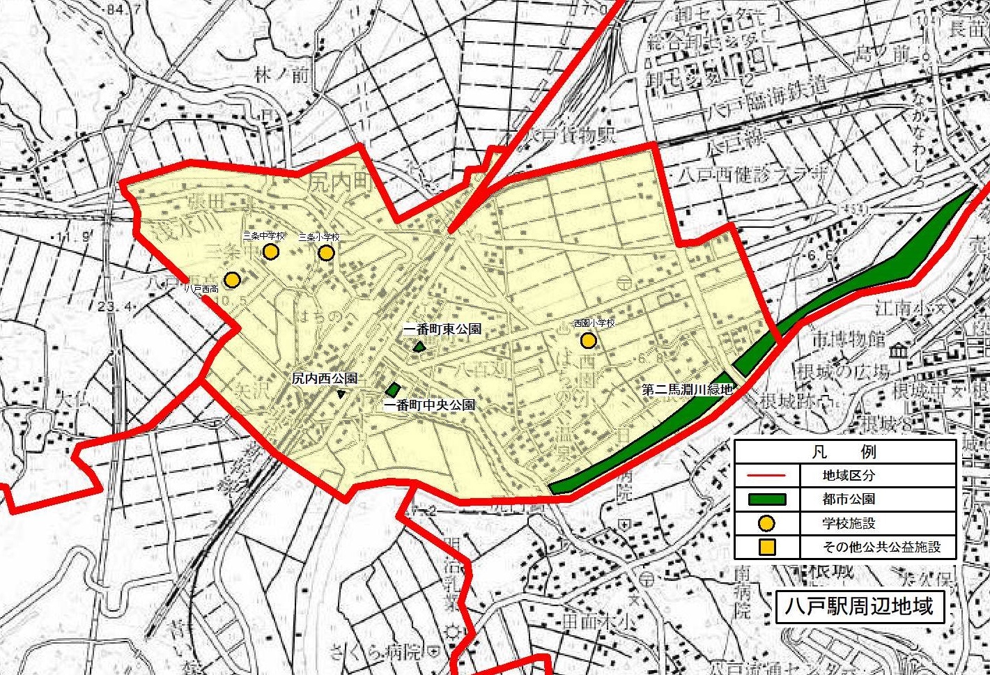 八戸駅周辺地域の公園配置図