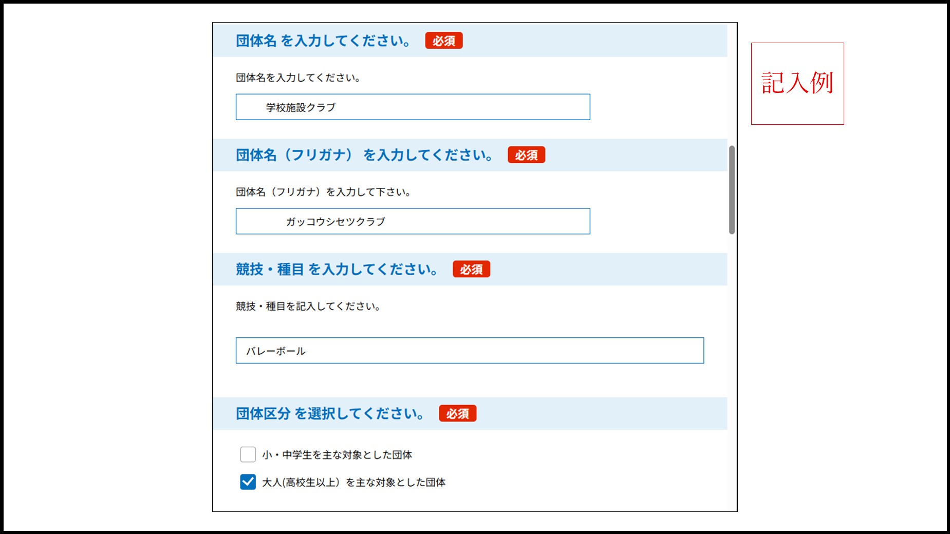 団体名・フリガナ・種目の記入例を示すフォーム表示例