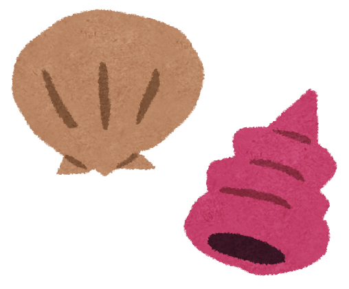 茶色の二枚貝と、ピンク色の巻貝の貝殻のイラスト