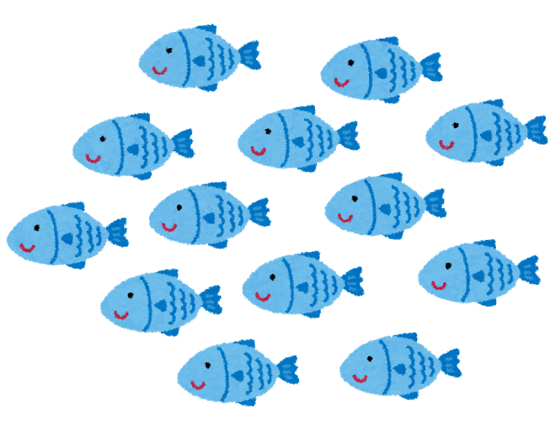 水色の魚たちが左向きに群れているイラスト