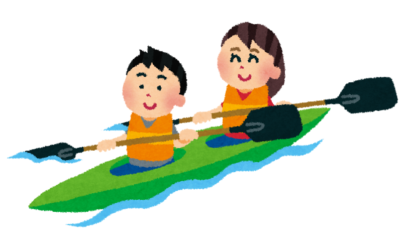 オレンジ色のライフジャケットを着けた親子が緑色のカヌーに乗って漕いでいるイラスト