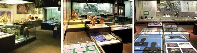 左から、薬師前遺跡の展示スペース、長七谷地貝塚の展示スペース、丹後平古墳群他と根城跡の展示スペースの写真