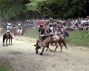馬に乗り毬杖で鞠を奪い合う伝統行事を行う人たちと、離れて並び見学する人たちの写真