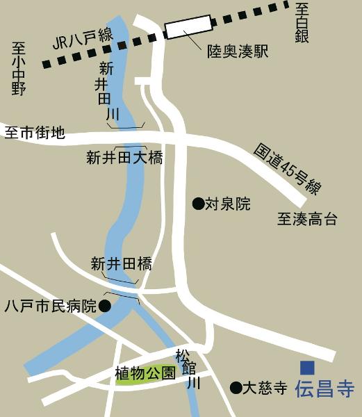 6体の地蔵菩薩像が安置されている伝昌寺の周辺地図