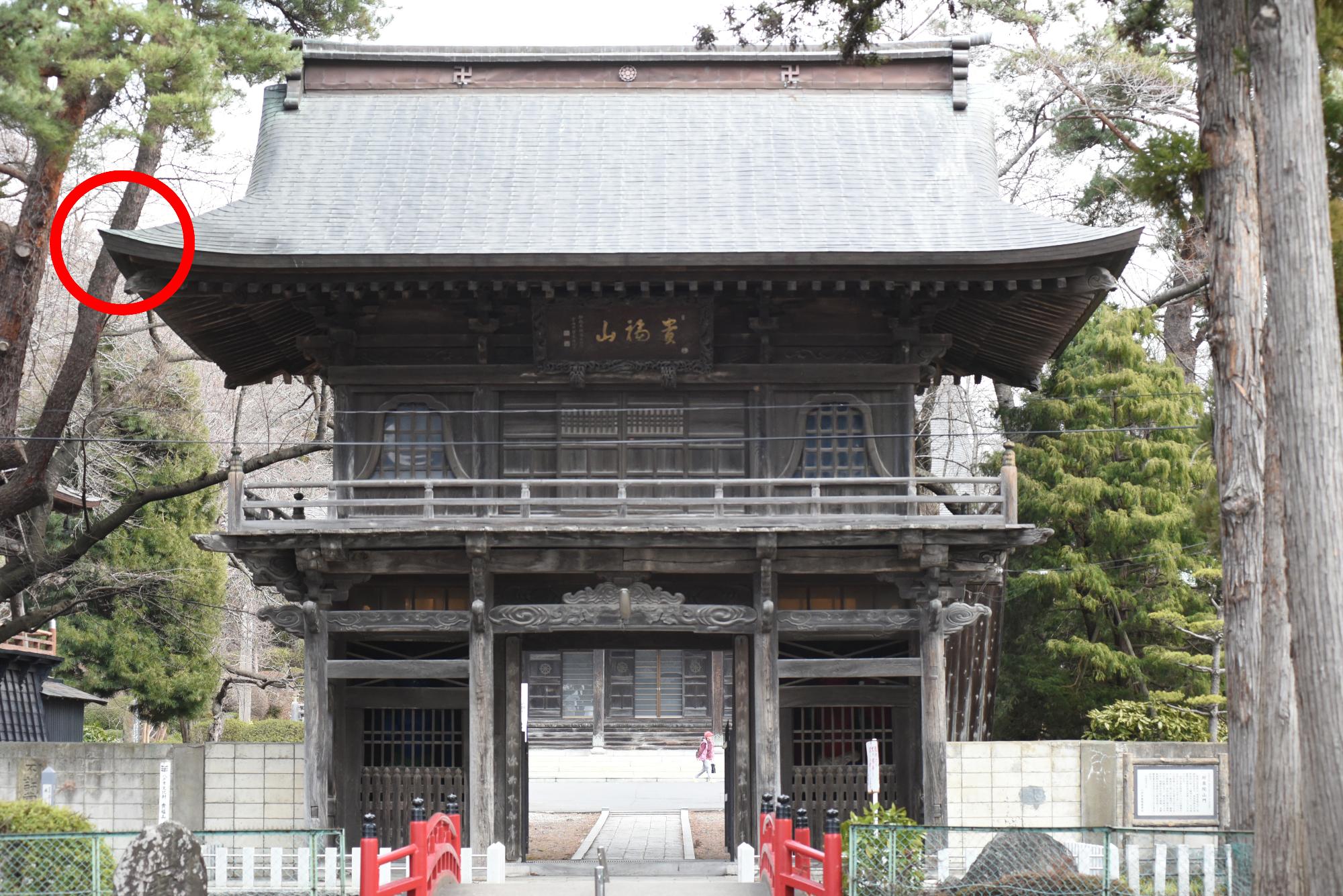 山門の破損個所を示す写真。