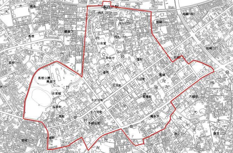 中心市街地の区域を示している地図