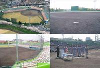 左上は上空から撮影、左下はスタンドから撮影、右上は奥にバックスクリーンを写した、右下はユニホームを着た選手が行進している様子の野球場の4枚の写真を組み合わせた写真
