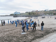 蕪島海水浴場のボランティア清掃の様子。
(平成23年5月15日撮影) 力を合わせて復興へ