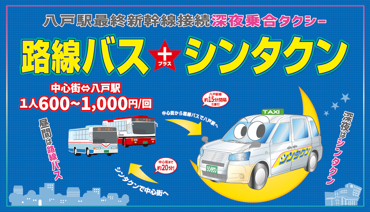 八戸駅最終新幹線接続深夜乗合タクシー「シンタクン」 バナー